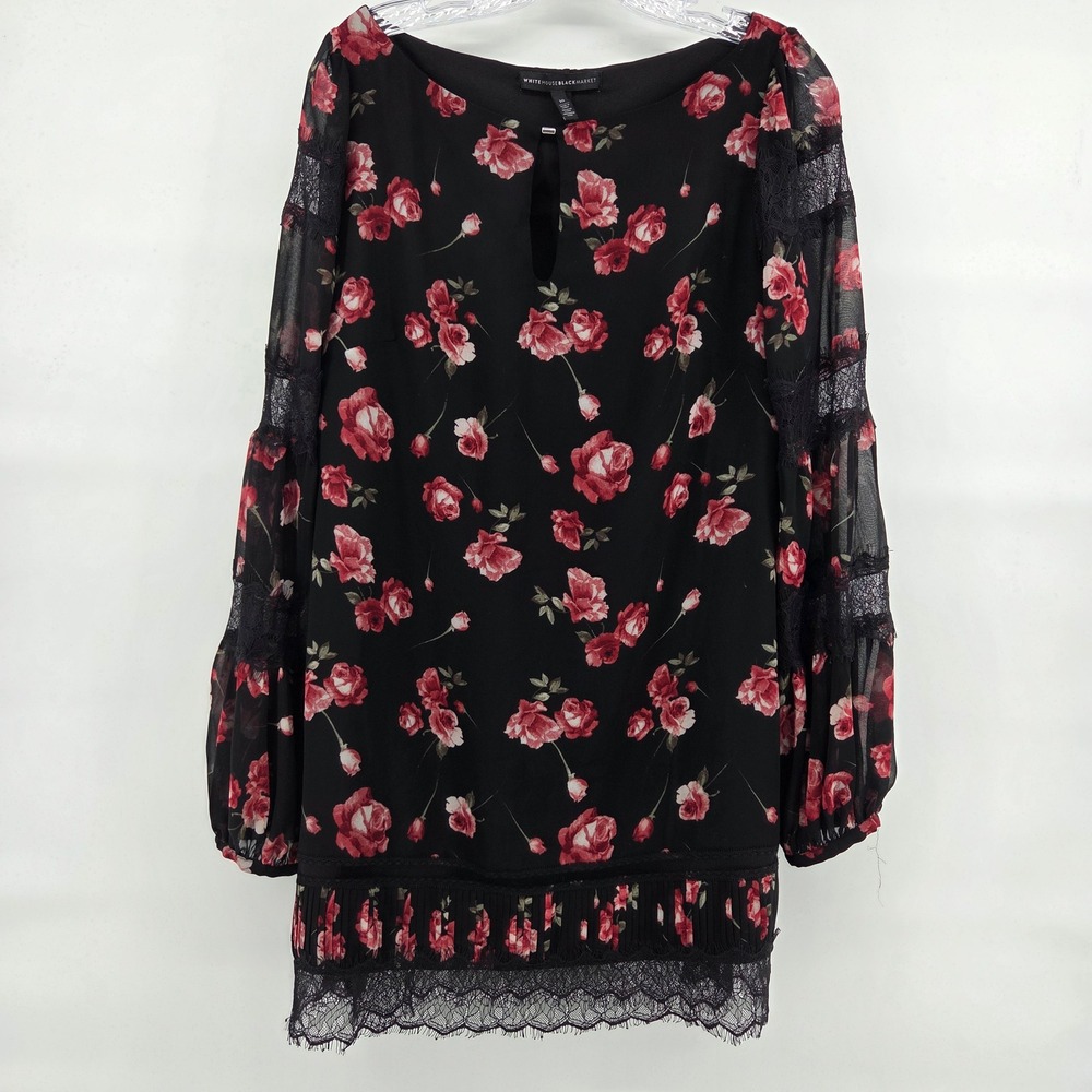 White House Black Market Floral Dress 10 Black Red Lace Sheer Sleeve‎ Romantic